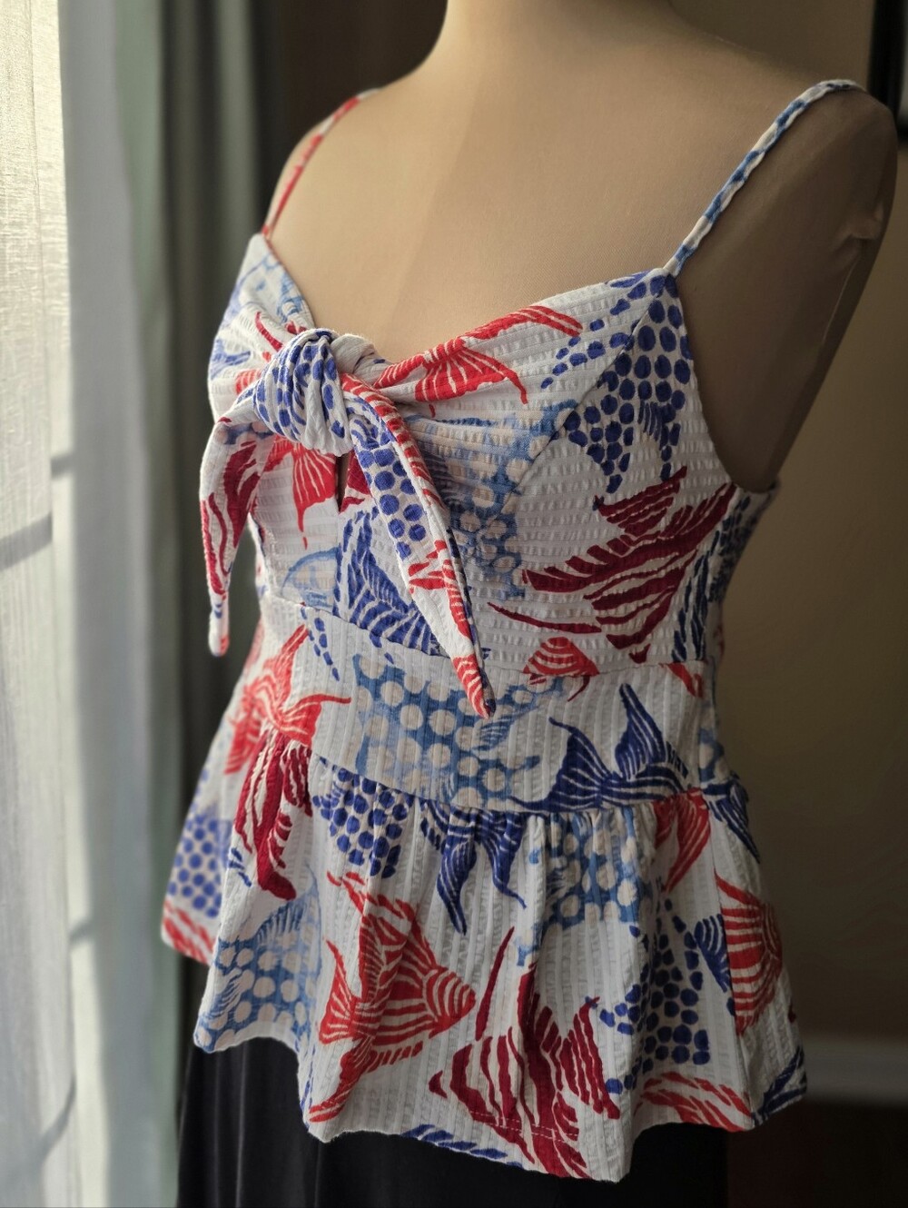 LOFT Novelty Fish Print Tie Front Peplum Cami NWT 100% Cotton Women's Small